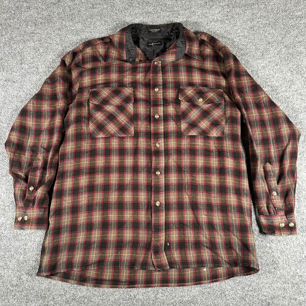 Consensus Button Down Mens Size L Red Brown Plaid Long Sleeve Casual Stains